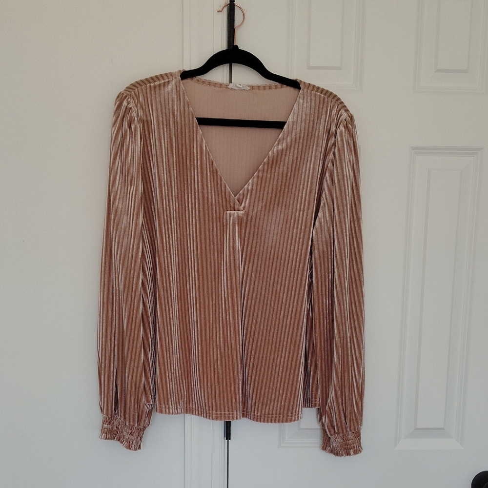 JODIFL Crush‎ Champagne Velvet Long Sleeve V Neck Ribbed Blouse Size XL